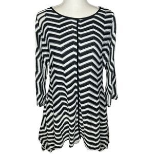IC BY CONNIE K STRETCH TUNIC TOP MEDIUM ASYMMETRICAL HEM LONG TAB SLEEVES LINED
